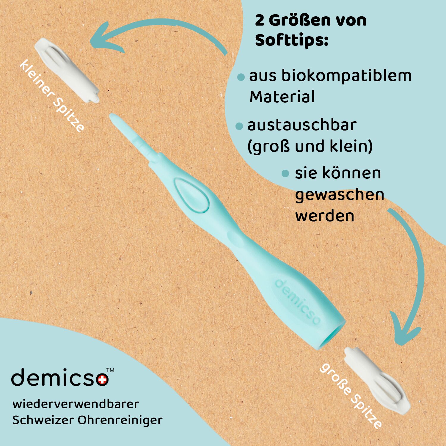 Infografika Końcówki DE DEMICSO wiederverwendbarer Schweizer Ohrenreiniger
