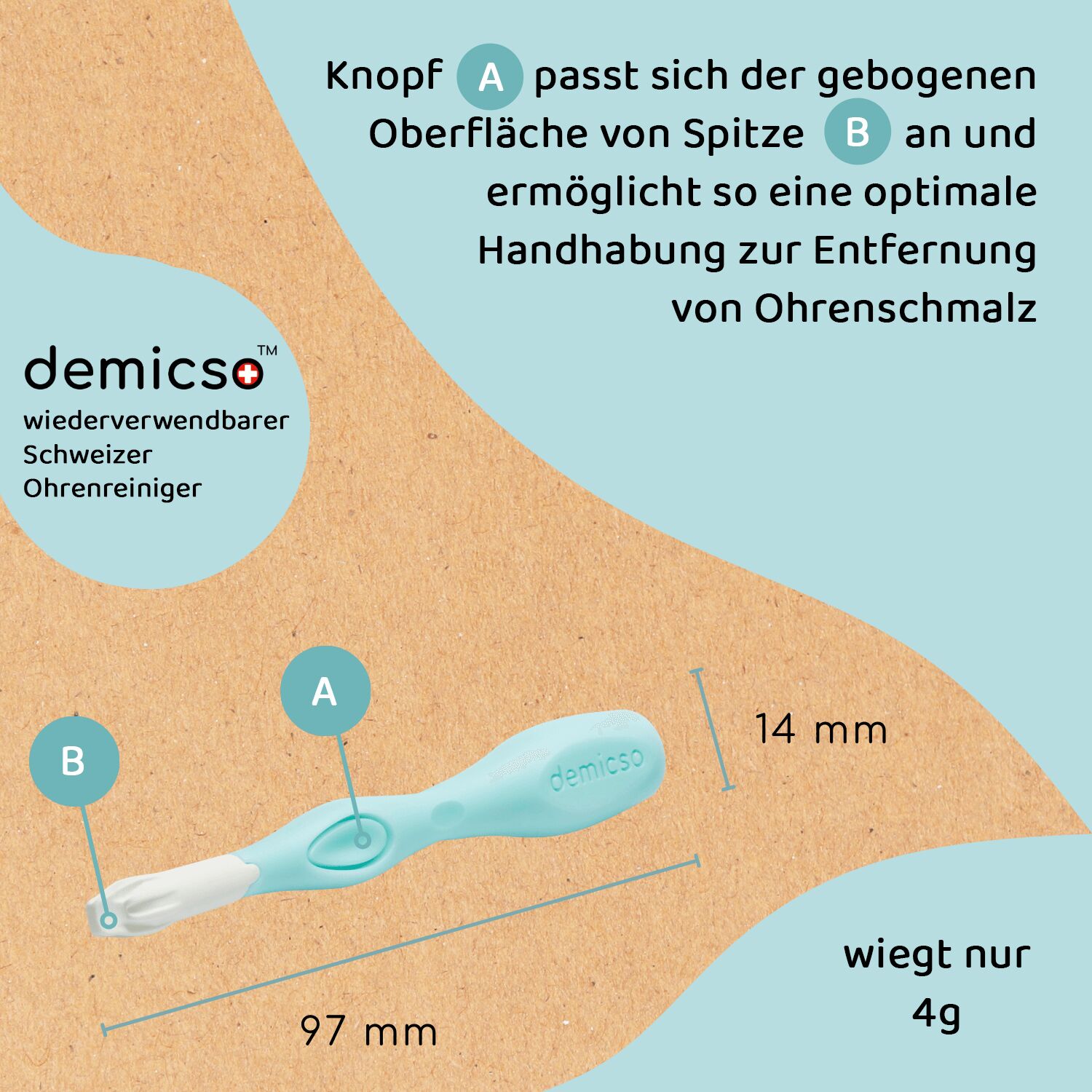 Infografika przycisk DE DEMICSO Schweizer Ohrenreiniger
